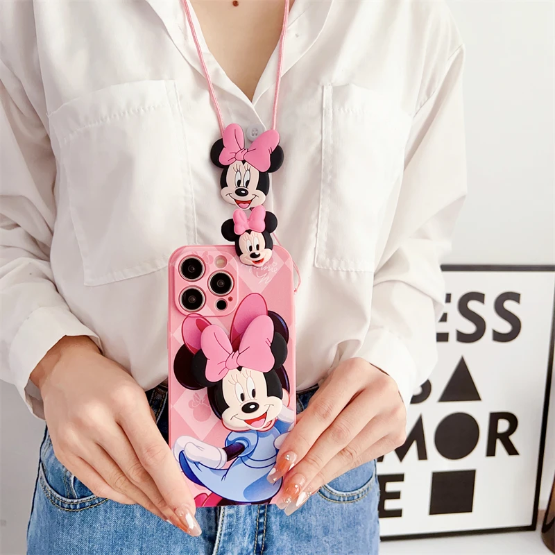 3D Minnie Mickey Cartoon Telefoon Case Voor Motorola Moto Edge 50 Fusion 40 30 20 Pro Plus Lite Ultra S x40 Houder Met Touw Cover