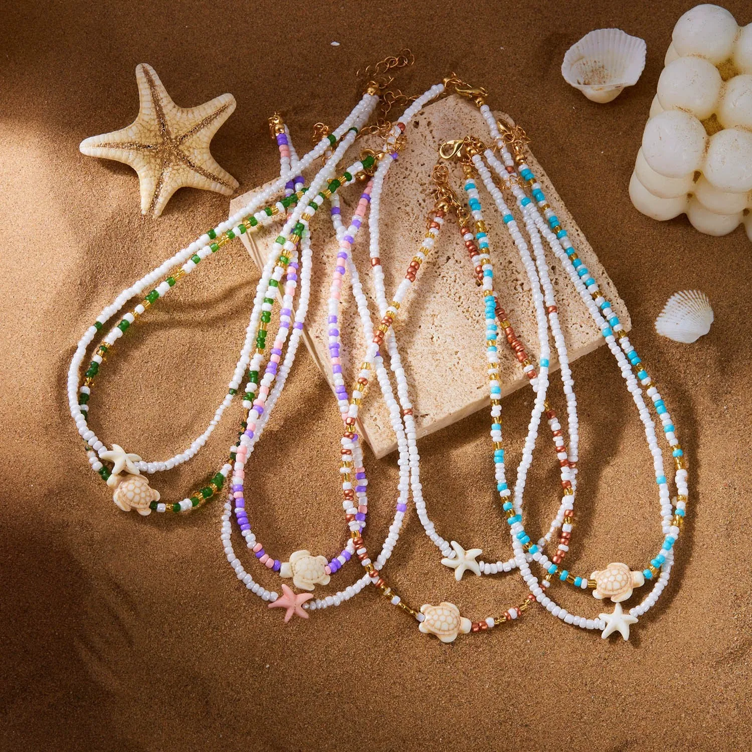 Bohemian Beach Shell Conch Double Layered Starfish Short Necklace for Women Summer Ocean Style Rice Bead Necklace Party Jewelry