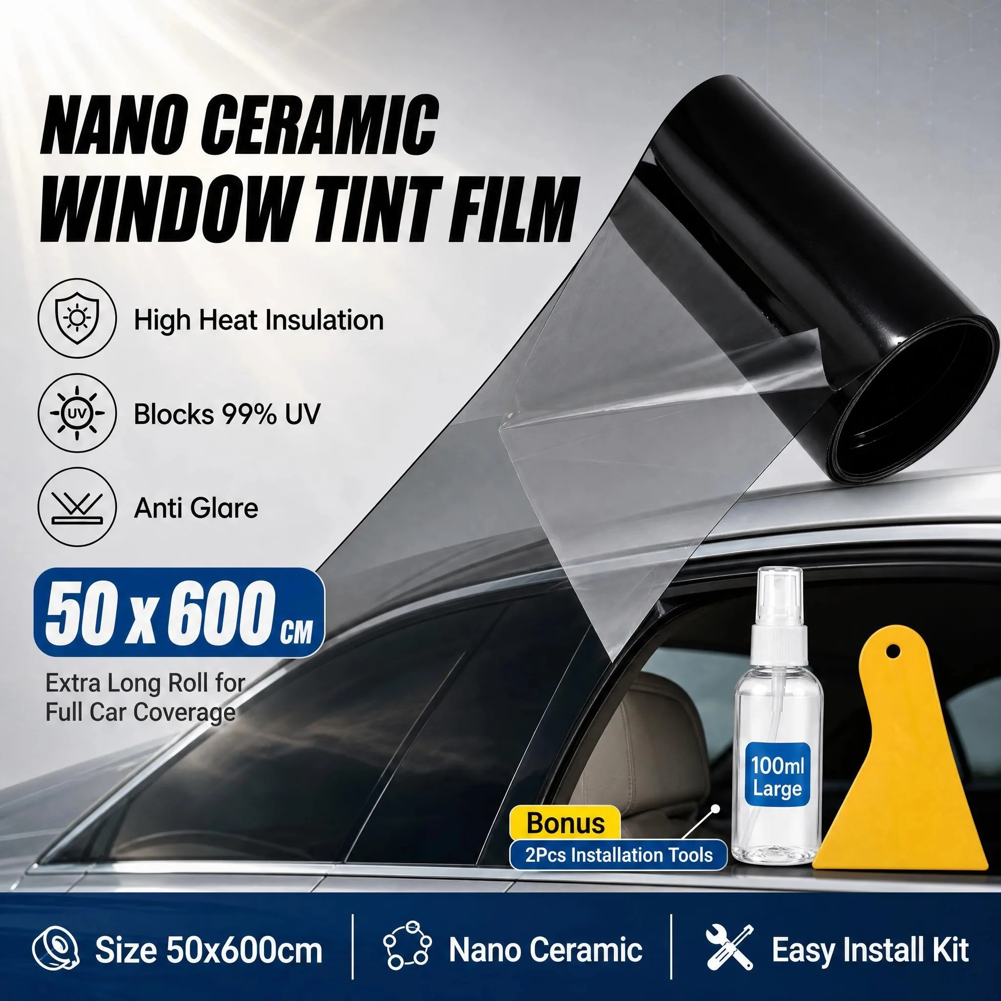 Nano Ceramic Window Tint Film 50x600cm HIR99% Car Solar Foils UV Protection High Heat Resistant 2Mil Sticker Films 10%~80%VLT