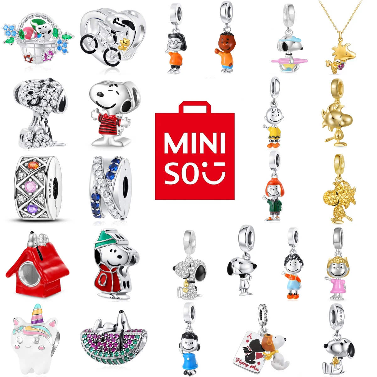AliExpress MINISO Snoopy Basket Watermelon Bicycle Flower Pendant Original 925 Silver Charming And Suitable For Diy Bracelets For Women