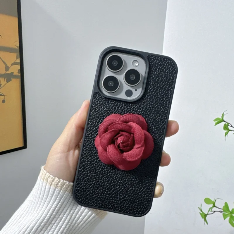 Luxury fashion 3D Camellia flowers PU leather Case for iPhone 16 15 14 Phone Cover 13 12 11 Pro MAX Hard Shockproof Back Funda