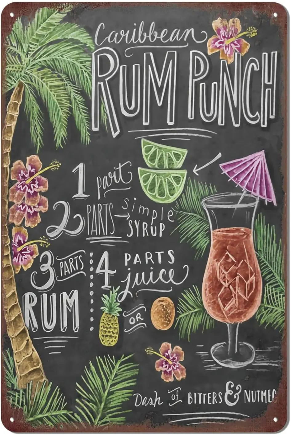 Vintage Bar Metal Tin Sign Retro Cocktail Wall Decor Man Cave  - Rum Punch