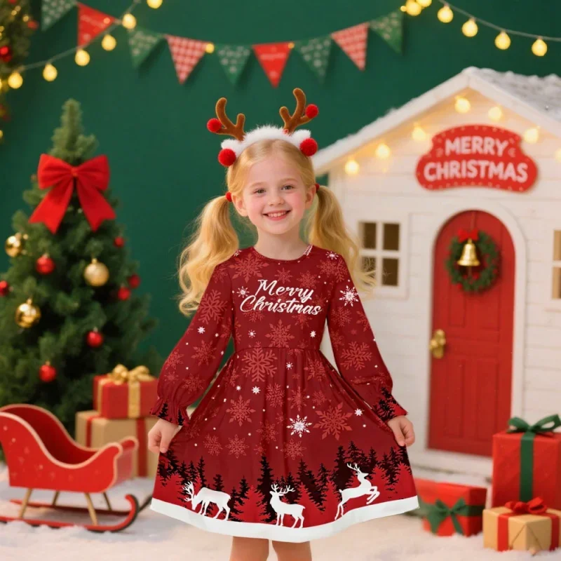 

2025 Christmas Girls' Long - Sleeve Dress - Snowflake Deer Print Red Holiday Party Dress, Kids Christmas Celebration Clothing