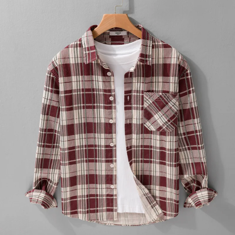 

2025 Spring men's plaid simple and versatile long sleeved shirt, loose, comfortable, breathable, Japanese fresh casual shirt