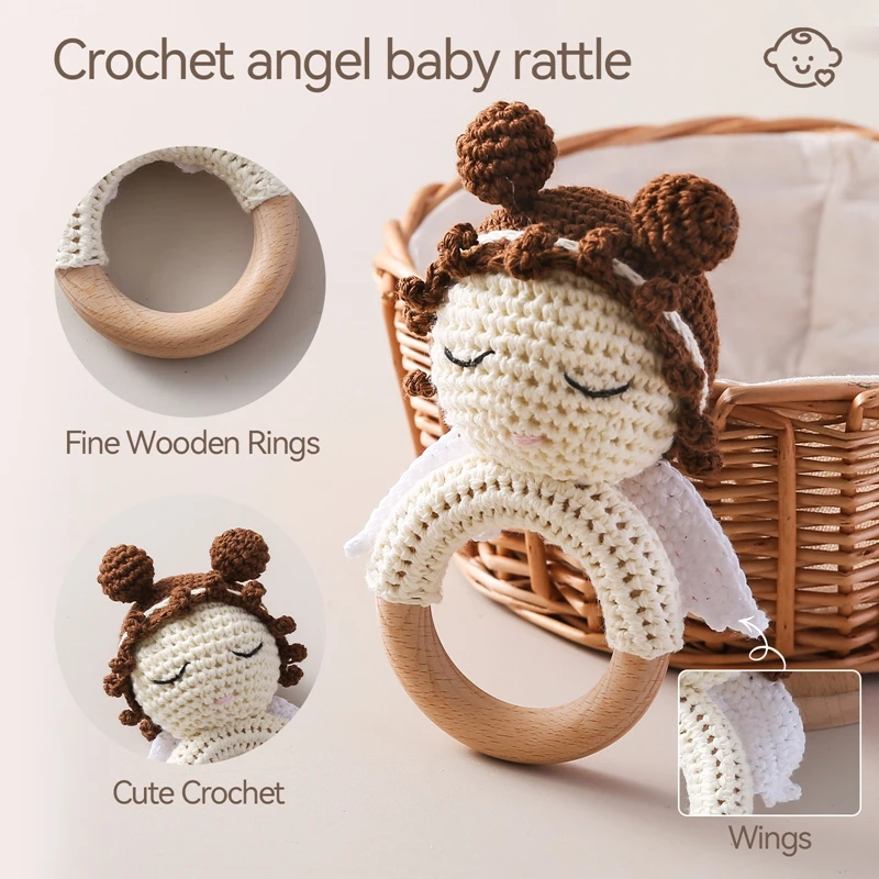 Baby Crochet Rattle Toy Baby Crib Comfort Toys For 0-12 Months Beech Teether NO BPA Cartoon Angels Shake Musical Toy Baby's Gift