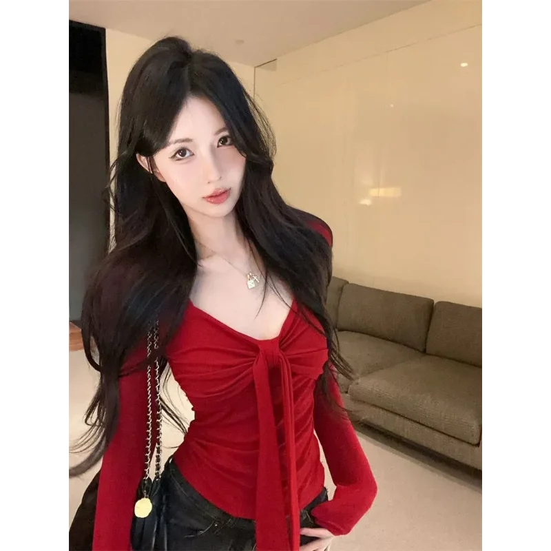 Hot Girl Bow Tie Long Sleeve T-Shirt Women's Slim Fit Design Bottoming Pure Desire Top