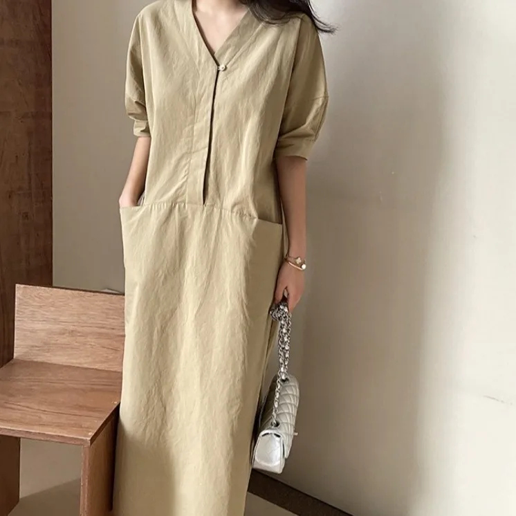 한국어 세련된 디자인 감각 Drawstring 퍼프 슬리브 셔츠 스커트 봄 2024 긴 v 넥 드레스 슬리밍 여성 패션 