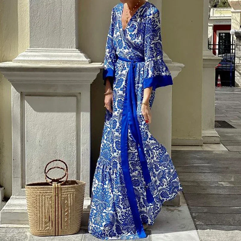 Vestido longo plissado de renda com decote em v profundo feminino, manga flare casual, bainha solta vestido maxi, vestido boho estampado na moda