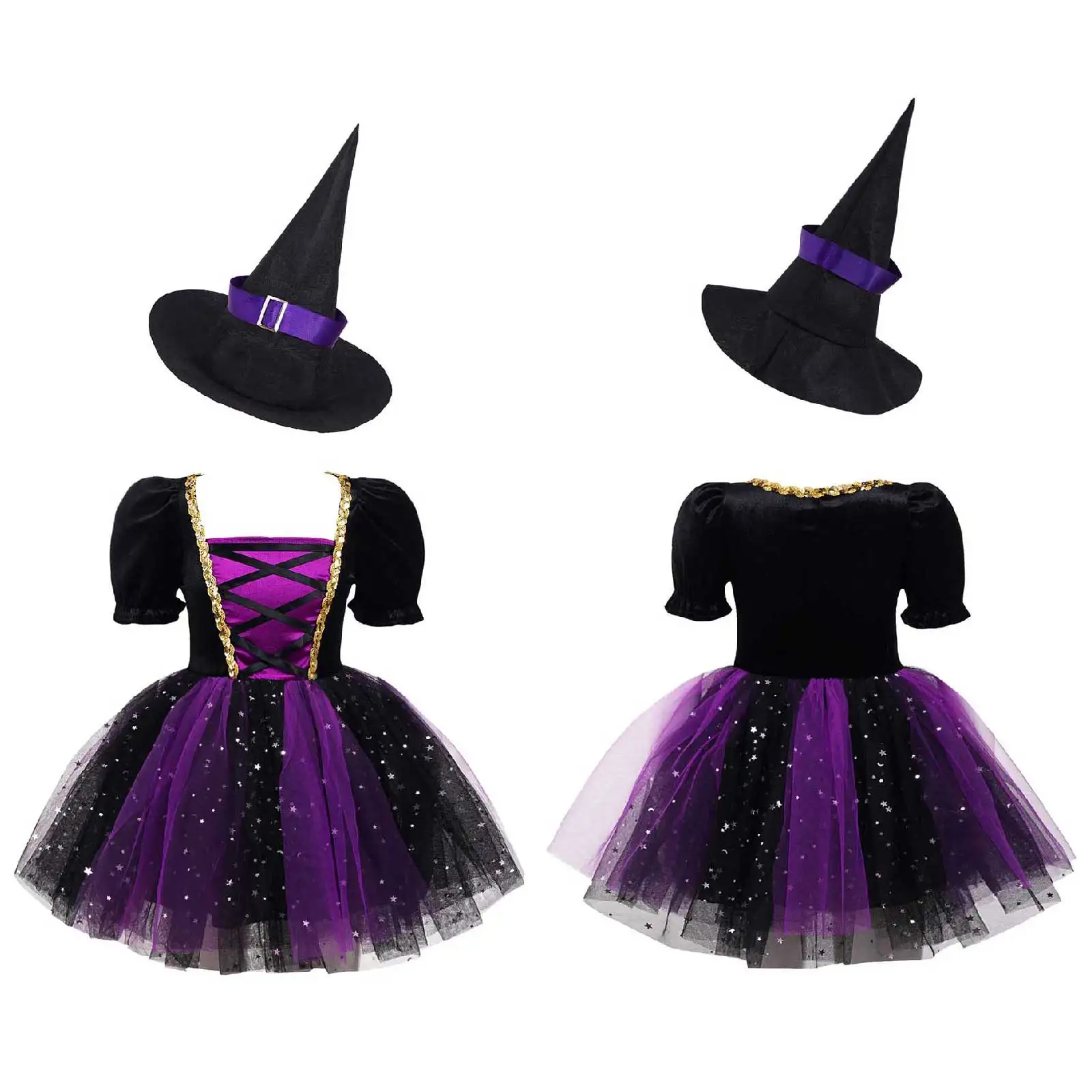 Kids Girls Witch Cosplay Dress Halloween Party Sorceress Roleplay Show Costume Short Sleeve Mesh Tutu Dress with Pointed Hat