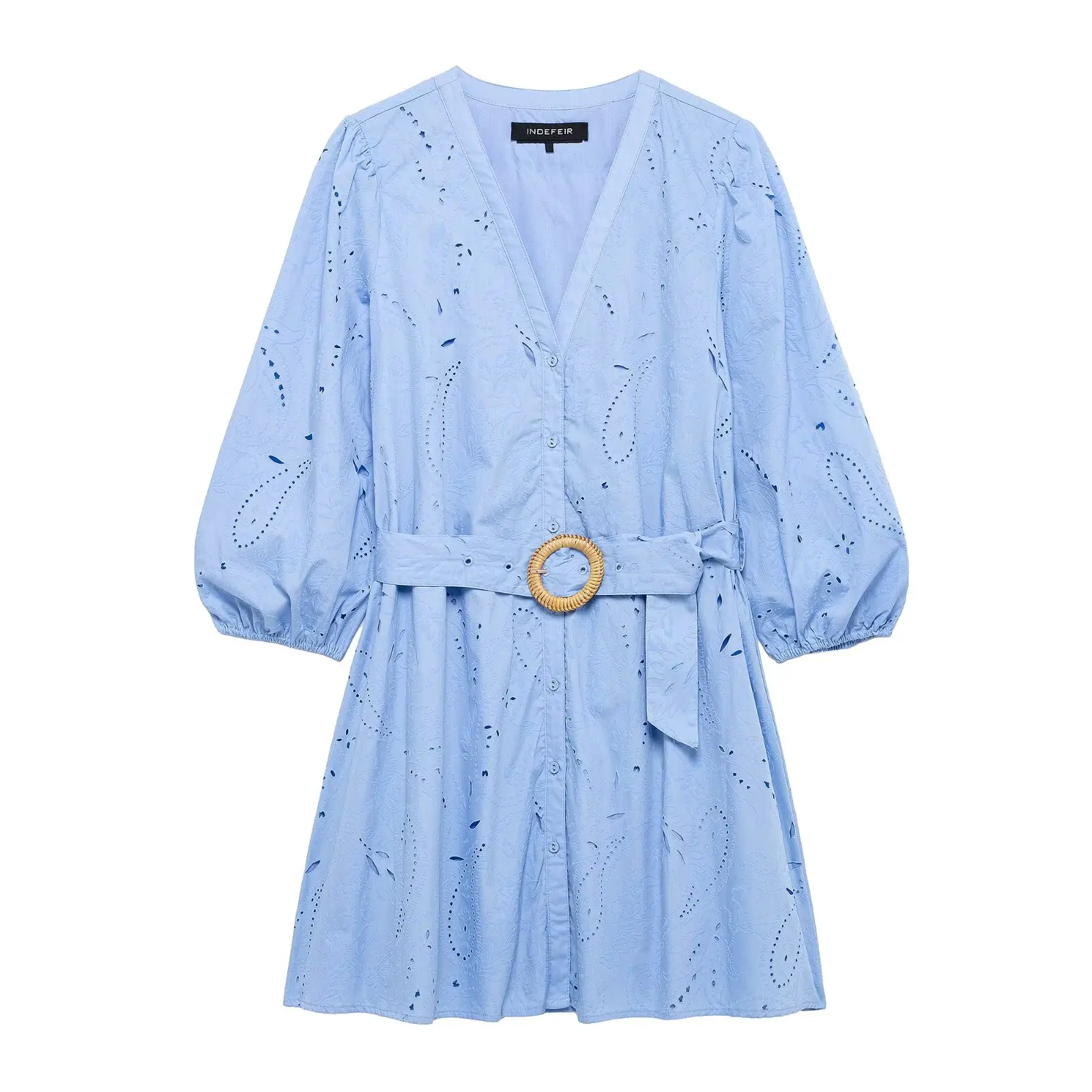 

Willshela Women Fashion Cotton Blue Embroidery Mini Dress V-Neck Long Sleeves Female Chic Lady Casual Mujer Short Vestidos