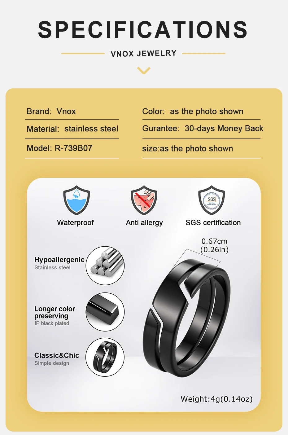 Vnox Geometrischer Ring für Männer, poliertes Edelstahlband in Schwarz-Silber-Farbe, Größe 7-11, minimalistischer Herrenring, Schmuckgeschenk – Detail 5