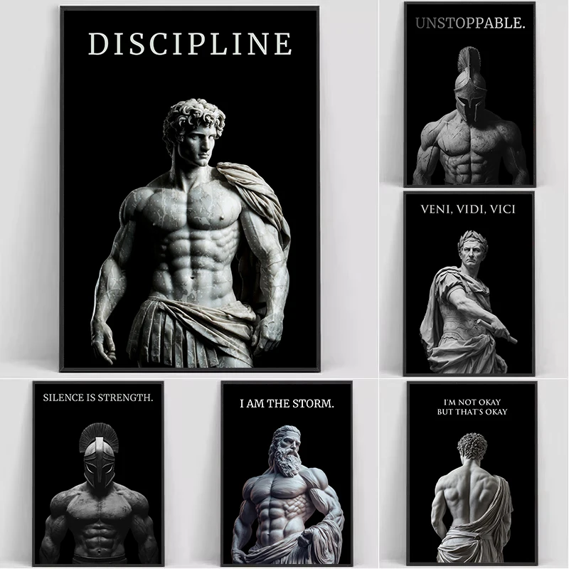 Retro Spartan Warrior Caesar Roman Statue Motivational Quotes Poste Canvas Painting Wall Art Pictures Home Gym Decor Gift