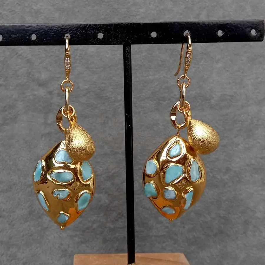 YYGEM 25x34mm Natural Blue Larimar Dangle Hook Earrings Gemstone Earrings Women