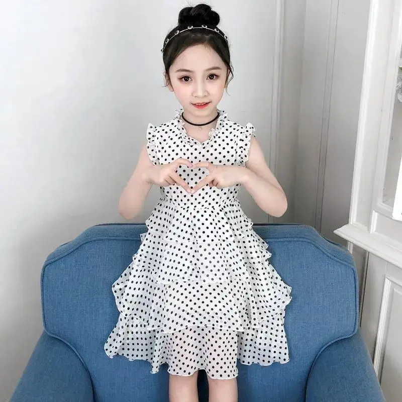 

Girls Dress Summer Dress 2025 New Long Foreign Style Polka Dot Chiffon Children's Girl Princess Cake Dress