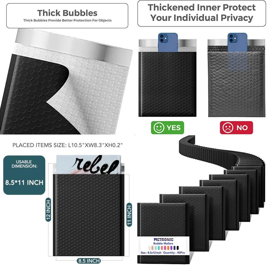 

Bubble Mailers 8.5x12" 40 Pack Padded Envelopes Usable Size 8.5 x 11" Strong Adhesion Bubble Envelopes Medium Mailing Envelopes