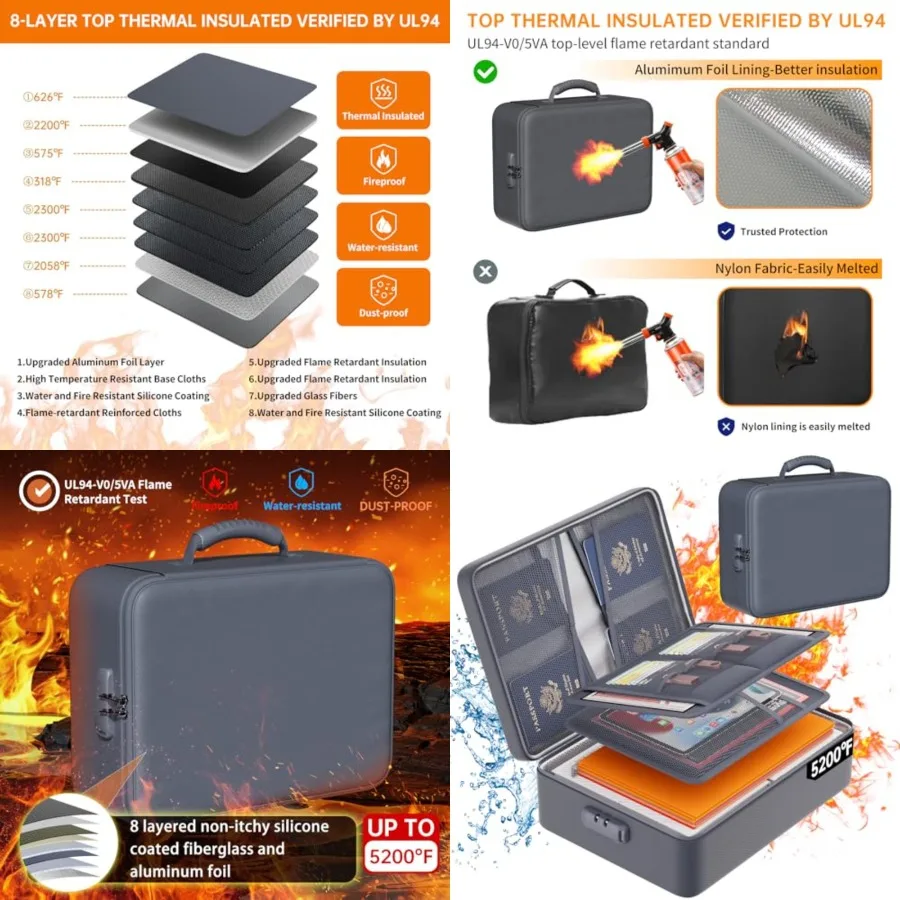 

5200°F Document Organizer with Lock, Upgraded Heat Insulated Fireproof＆Waterproof Box 8 Layers File Organizer, Portable Home Tr