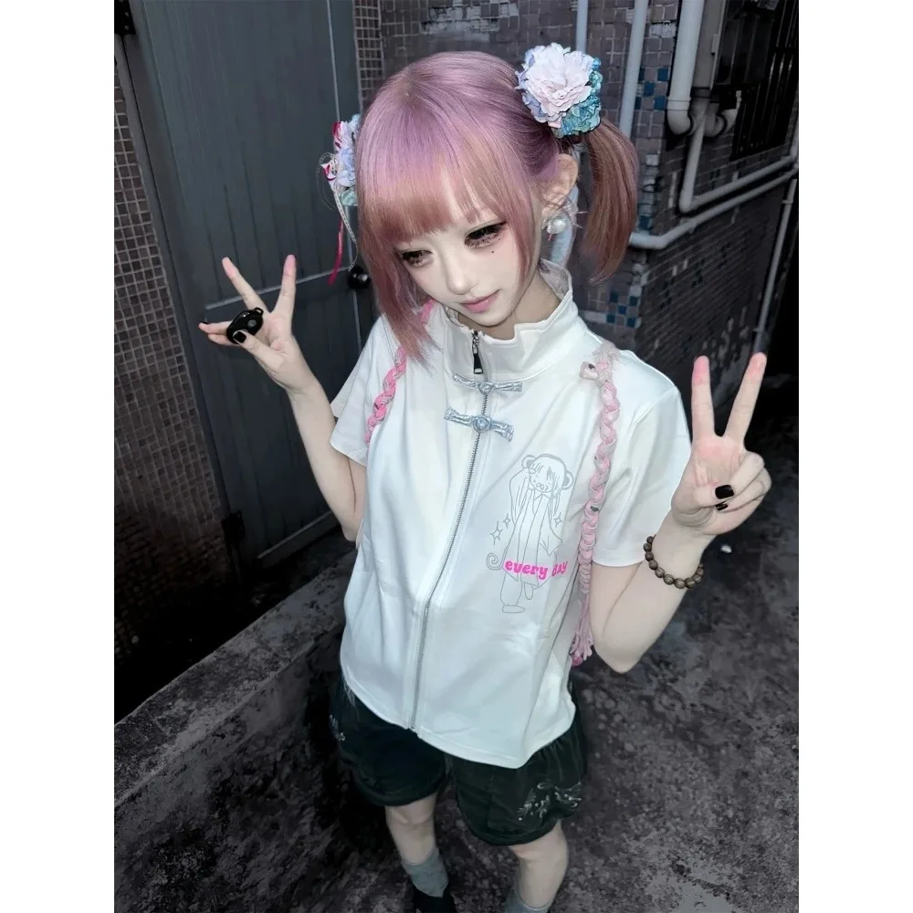 NewJapanese Subculture Women T Shirt Second Dimension Anime Print Short Sleeve Cardigan Y2K Pure Cotton Stand Collar Kawaii Tops