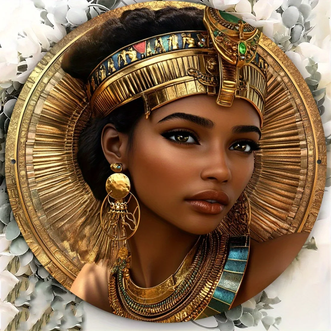 Egyptian Cleopatra Golden Luxury 2D Flat High Definition Metal Wall Art Ancient Pharaoh Embossed Iron Painting Vintage Oriental
