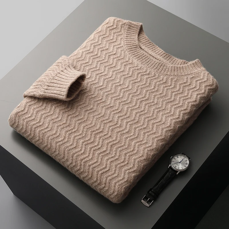 Autumn and winter new 100% pure wool wavy pattern men's round neck thickened loose pullover sweater cashmere knitted bottoming s