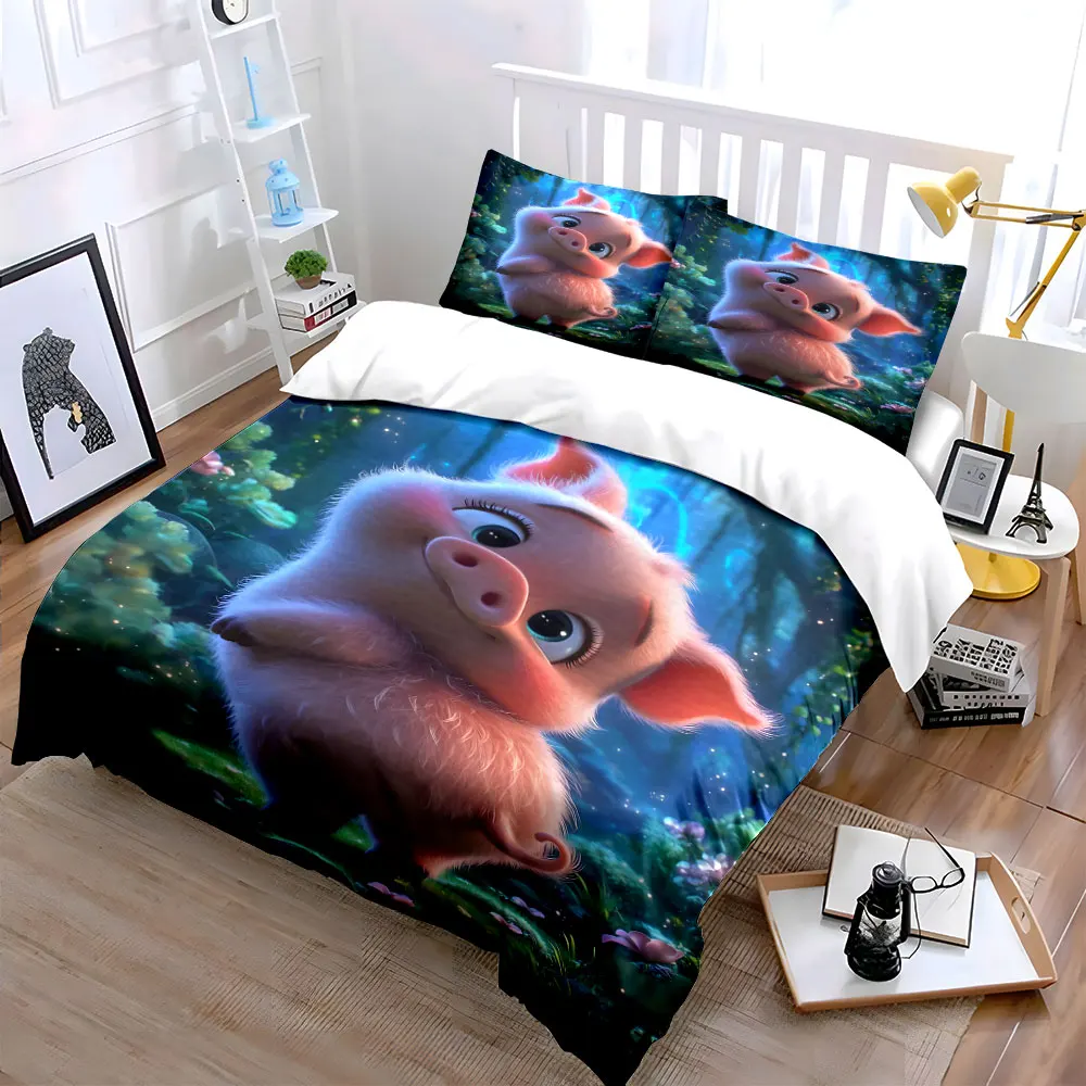 Adorable pig strolling in forest Printed Duvet Cover Set1 Duvet Cover+2 PillowcaseMulti Size Bedroom Bedding Decoration