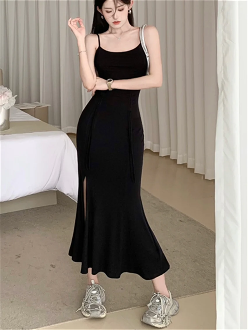 Alien Kitty Black Split Sexy Party Long Dress Chic Summer Office Lady 2023 Prom Solid Mermaid New Slim Elegant OL Slip Vestidos