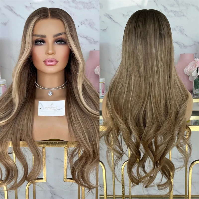

Long Lace Front Wig Center Part 13x4 Ombre Brown Blonde Balayage Wig Synthetic Wig Pre Plucked Hairline with Baby Hair 28 Inches