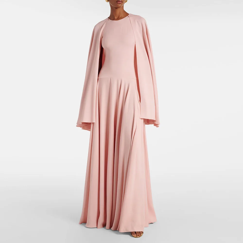 

Modern Women's Evening Gown A Line Floor Length Formal Wedding Party Dress O Neck Saudi Dress Cloak Sleeves Prom Dress