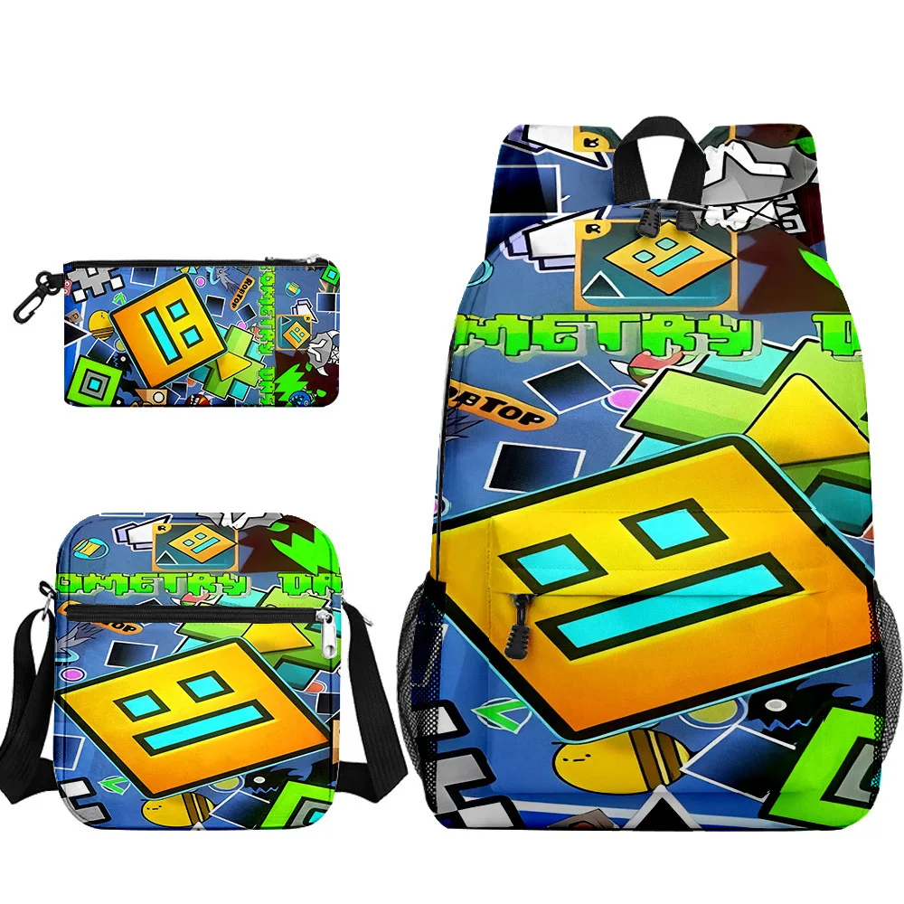 Popular Cool Geometry Dash 3D Printed 3pcs/Set pupil School Bags Laptop Daypack Backpack Inclined shoulder bag Pencil Case