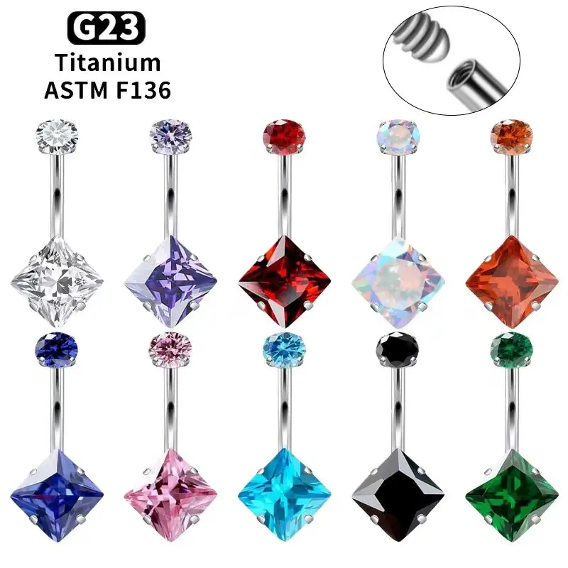 F136 14G Titan Bauchnabelpiercing Premium Quadratischer Zirkon Nabelpiercing Hypoallergener Sexy Körperschmuck für Frauen