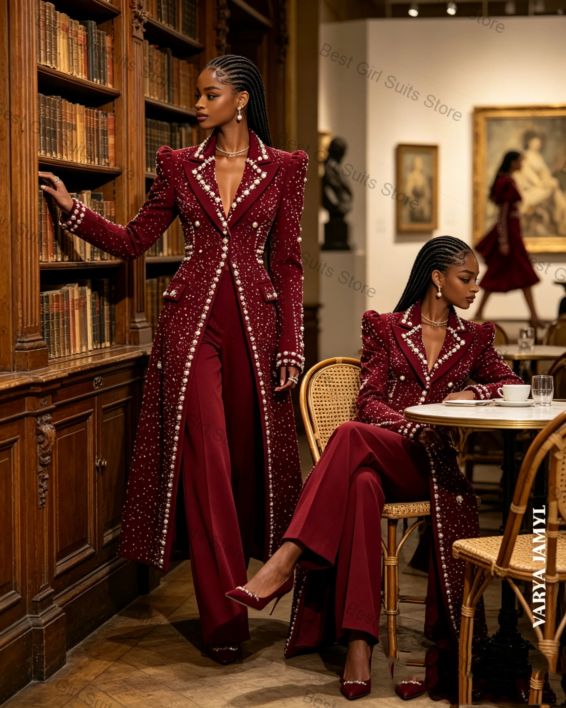 

Burgundy Long Women Suit Set 2 Pcs Blazer+Pants Trousers Pearls Crystals Formal Office Lady Jacket Customized Wedding Coat