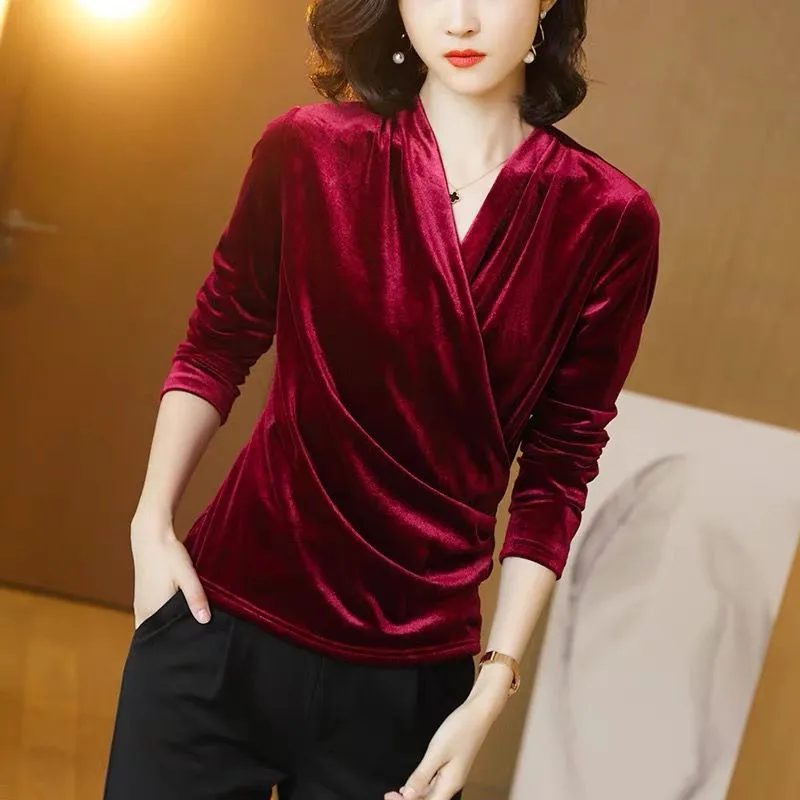 New Autunm women brand sexy long sleeve V-neck office blouse Korean style women Spring velour shirts  purple tops 