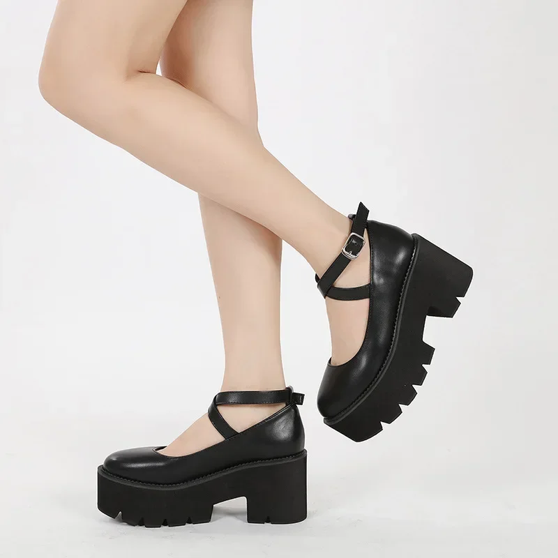 8cm Heels Spring Thick Bottom Fashion Cross Belt Simple Single Shoes and American Style Sexy Muffin Women Shoes