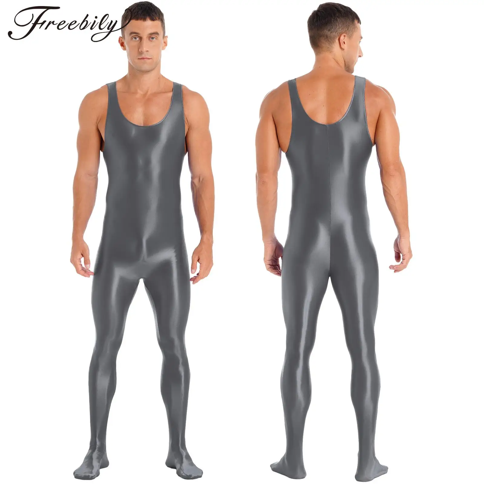 Men Glossy Bodystocking Sleeveless Solid One-piece Bodysuit Rave Party Nightclub Bar Pole Dancing Jumpsuit Sportswear Clubwear