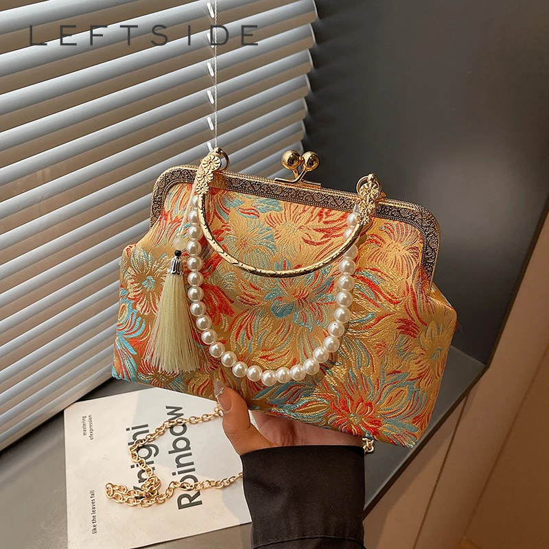 

Женская сумка-клатч LEFTSIDE с цветочным узором, застежкой Kiss-lock, жемчужной ручкой и цепочкой, в стиле ретро, китайская, повседневная, для вечеринок, свадеб, на плечо, 2026