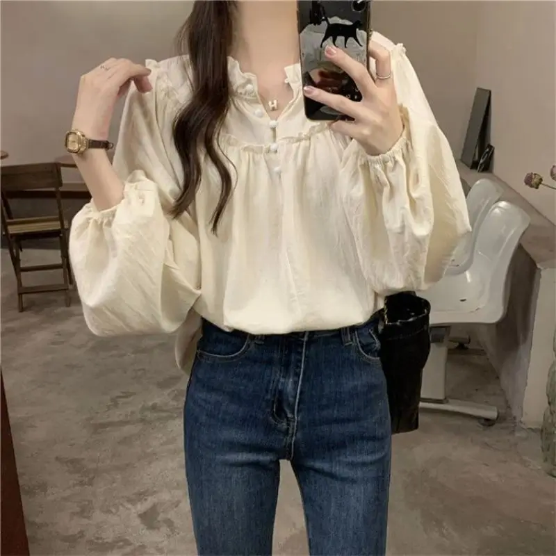 Spring Autumn Women's Clothing Pullover Solid Color Lantern Long Sleeve Round Neck Button T-shirt Elegant Casual Fashion Tops