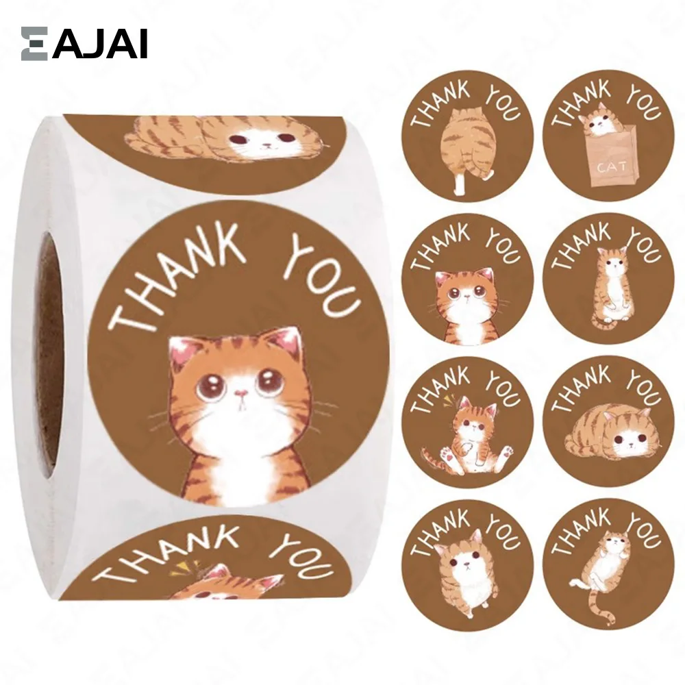 Gift Sealing Thank You Stickers 500pcs Cat Animals Adhesive Labels Decoration Sticker for Business Card Envelopes