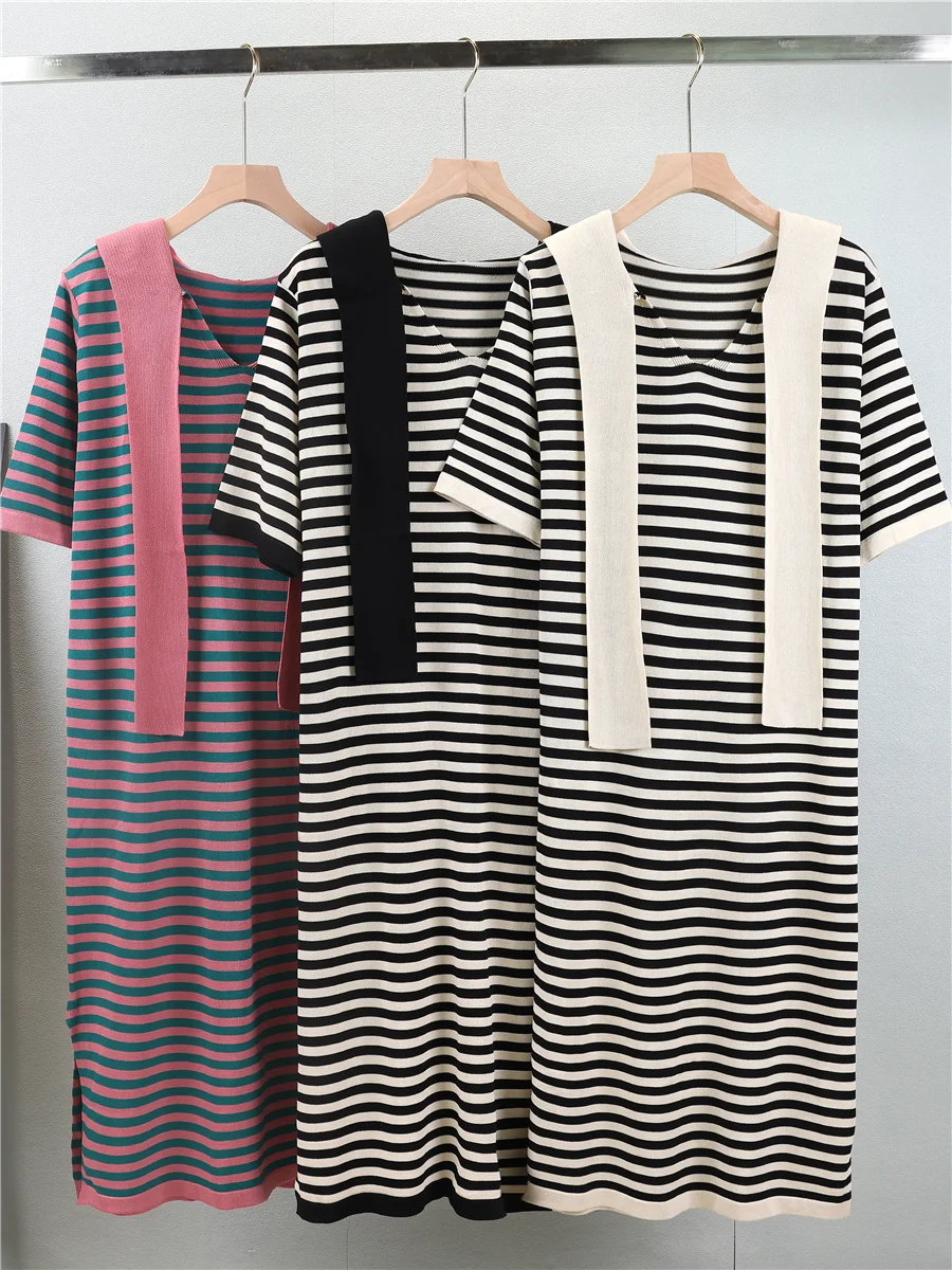 Herfst Winter Losse Afslankende Capuchon College Sle Casual Gebreide Dr mid Lengte Slit Damesrok A-lijn Gestreept Patroon