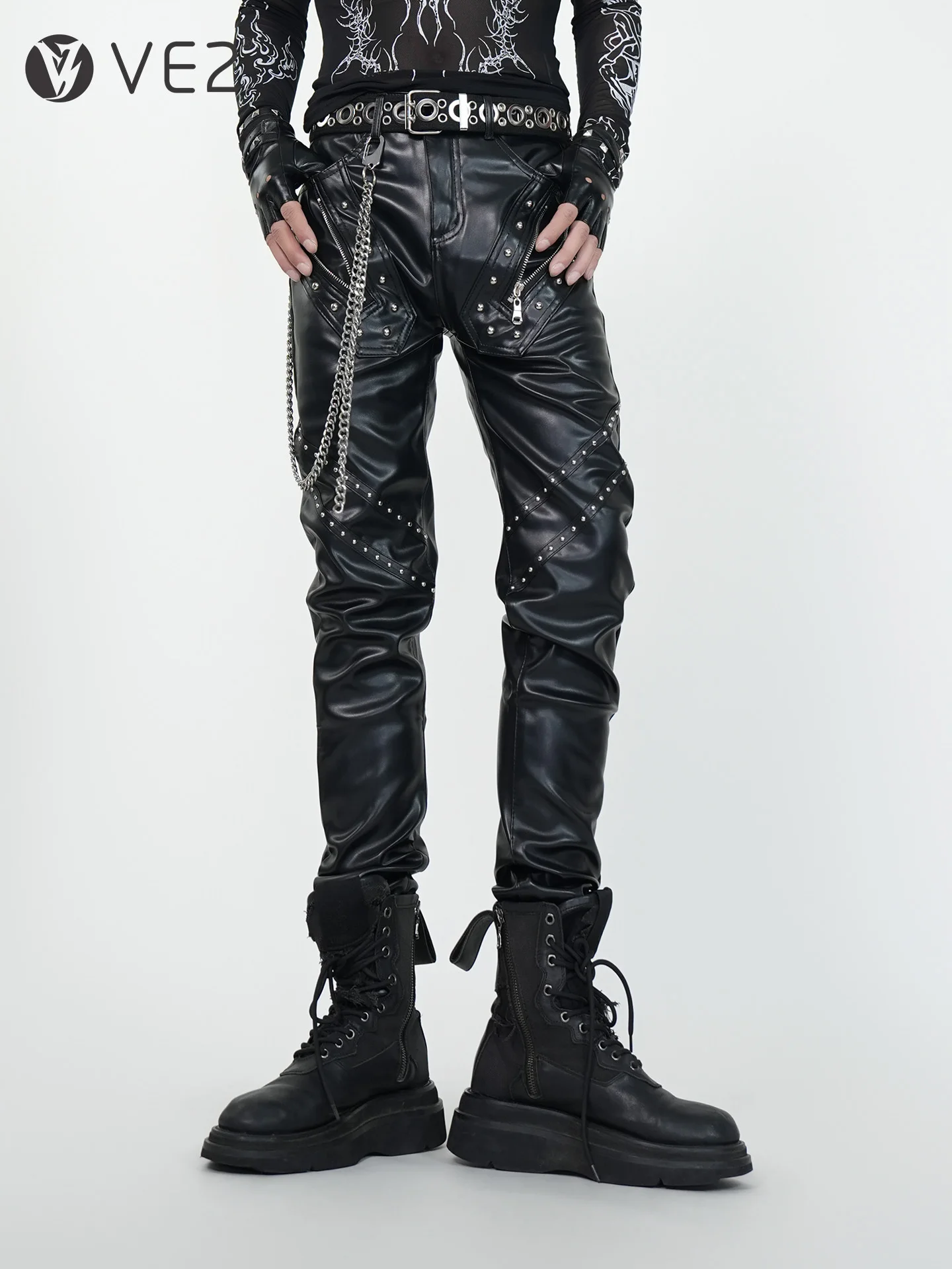 

VE2 Gothic Punk Stage Ro Heavyweight PU Leather Pants Slimming Elastic Bootcut Motorcycle Pants Long Tapered Youth Faion