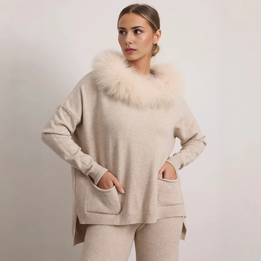캐시미어 스웨터 폭스 퍼 트림 후드 니트 스웨터 여성용 리얼 퍼 풀오버 고품질 천연 퍼 칼라 캐주얼 후디