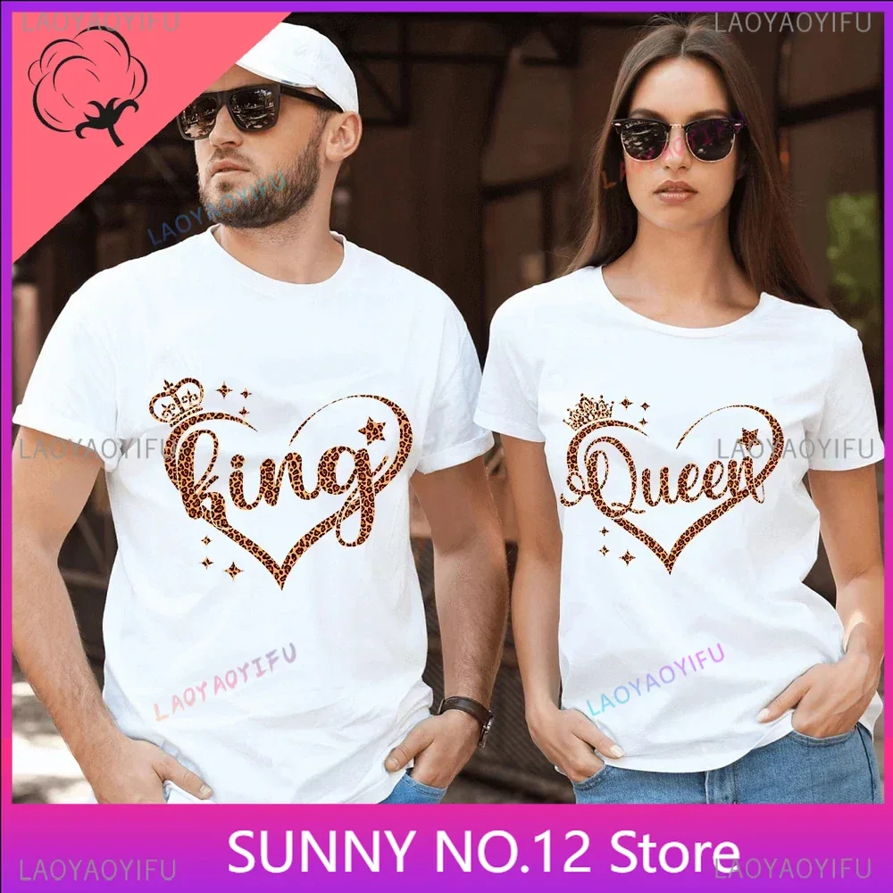 Couples Tshirt Leopard Print Love Heart Graphic 100% Cotton  Oversized Men Top Woman Clothes Lovers King Queen Couple Clothing