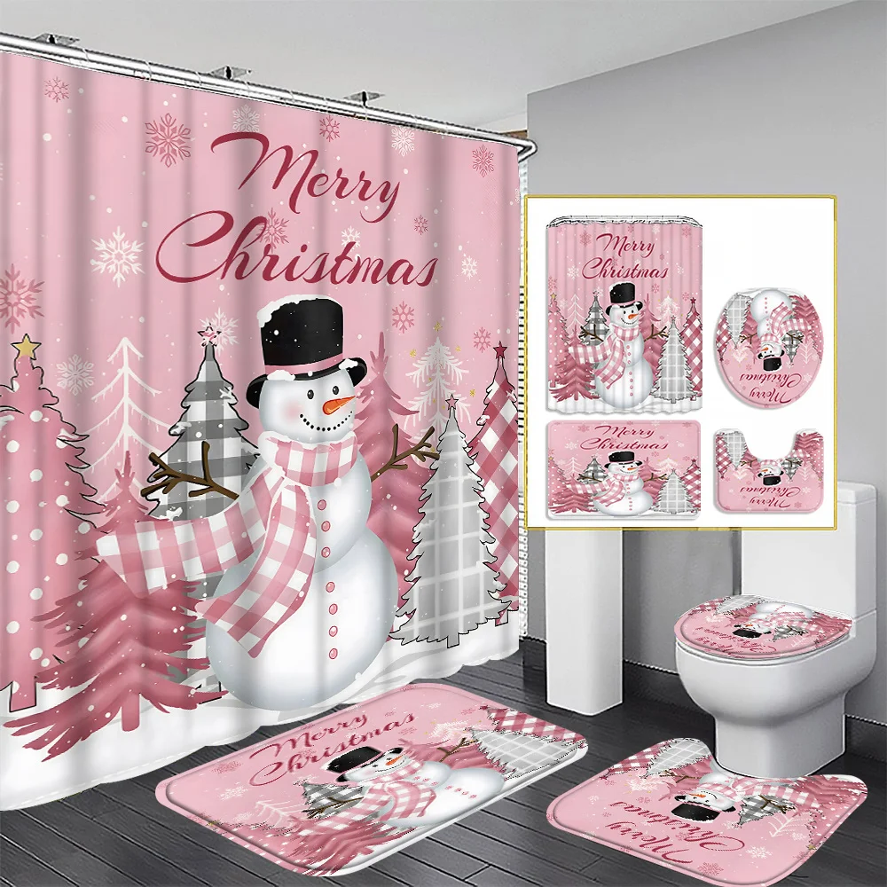 

Набор из 4 предметов для ванной комнаты Merry Christmas Snowman: водонепроницаемая занавеска для душа, коврик для ванной, крышка для унитаза и бак