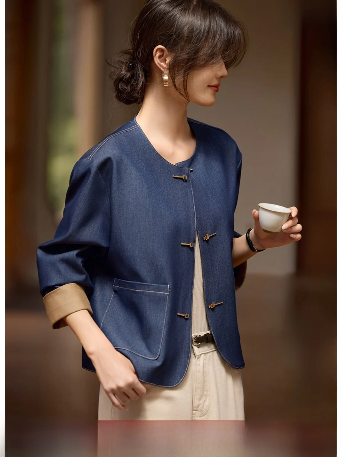 

Ele round Ne ort Jaet Women's Denim Sle Spliced Color Spring Autumn Faion XWI Ladies' Commute Sle Outerwear