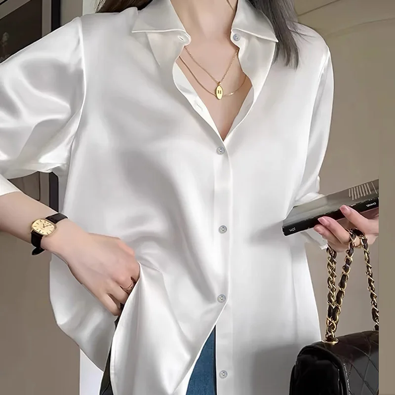 

Spring Autumn Elegant Satin White Women's Blouse 2025 New Long Sleeve Single Breasted Korean Casual Loose Office Shirts Female