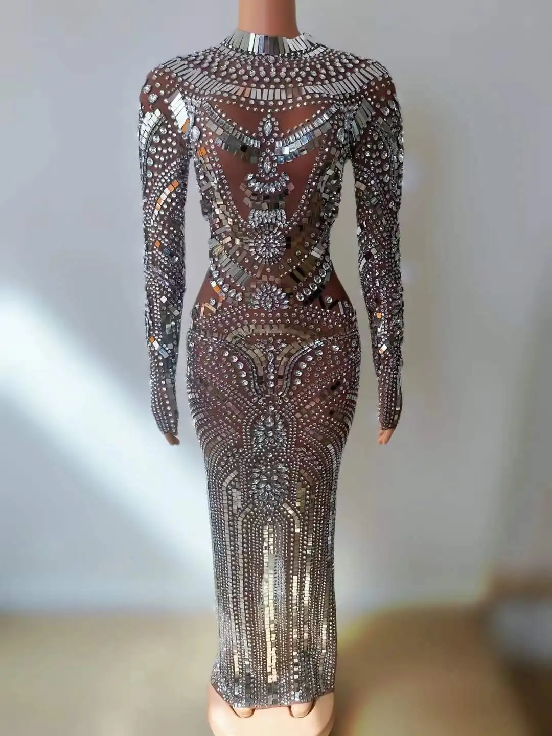 Robe Longue de Luxe pour Femme, Tenue de Soirée, Bal, Scène, Strass, Paillettes, Citroin, Chanteur, Pargent, Boîte de Nuit