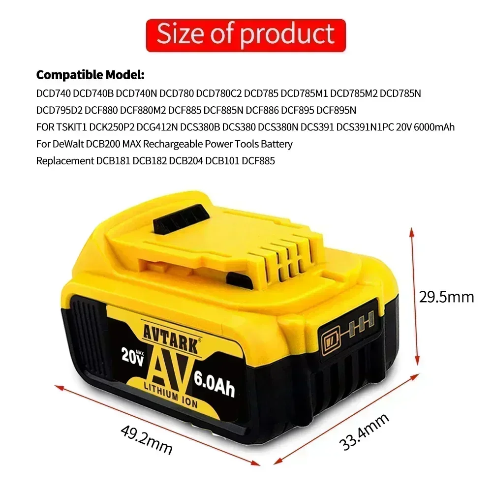 20V 6.0Ah for DEWALT screwdriver battery for dewalt dcf850 dcf887 dcf922 DCB182 DCB205-2 DCB206-2 power tool battery & charger