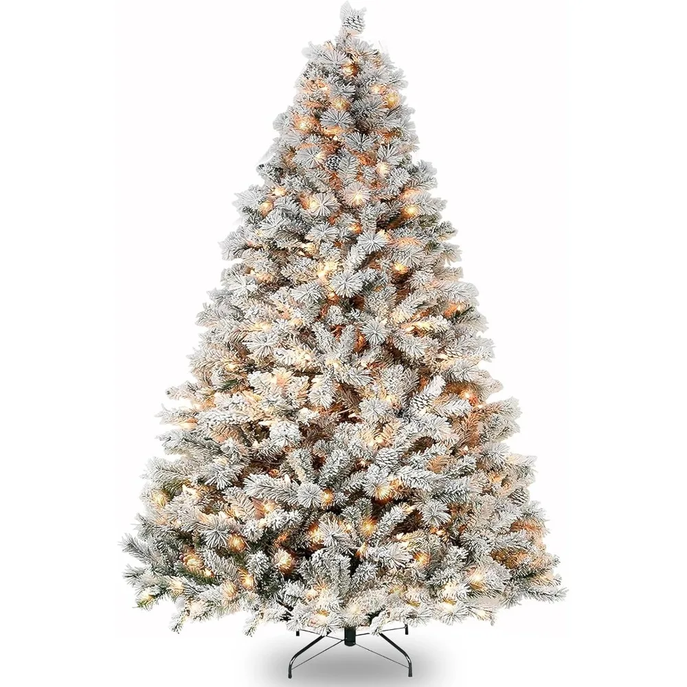 9ft Prelit Snow Flocked Christmas Tree with 600 Warm White LED Lights, Artificial Xmas Tree with Pine Cones Home,2100 PVC Tips