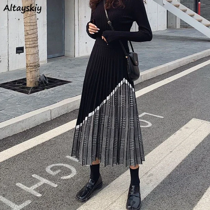 

Women's Plaid Skirts Autumn Winter New Designer Knitwear Elegant for Ladies Midi Skirt Fashion Aesthetic High Waist Faldas Chic