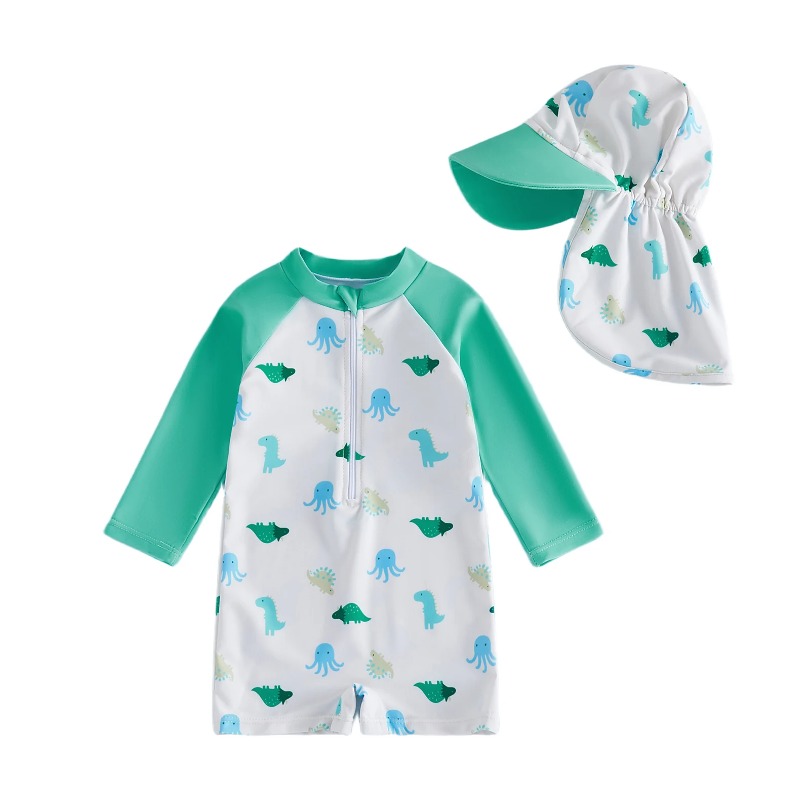 

Baby Boy Rash Guard Swimsuit Octopus Print Long Sleeve Zipper Romper with Swimming Hat