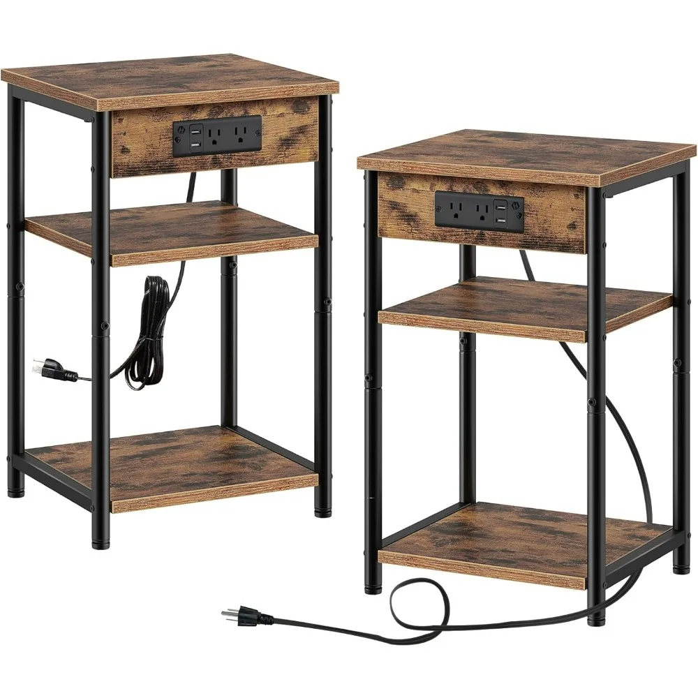 End Table with Charging Station, Night Stand with 3 Storage Shelves, Narrow Side Table with USB Ports & Power Outlet