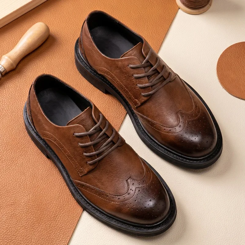 

Platform Mens Brogues Dress Shoes Luxury Genuine Leather 2026 Autumn British Style Outdoor Casual Black Color Business Shoes Man